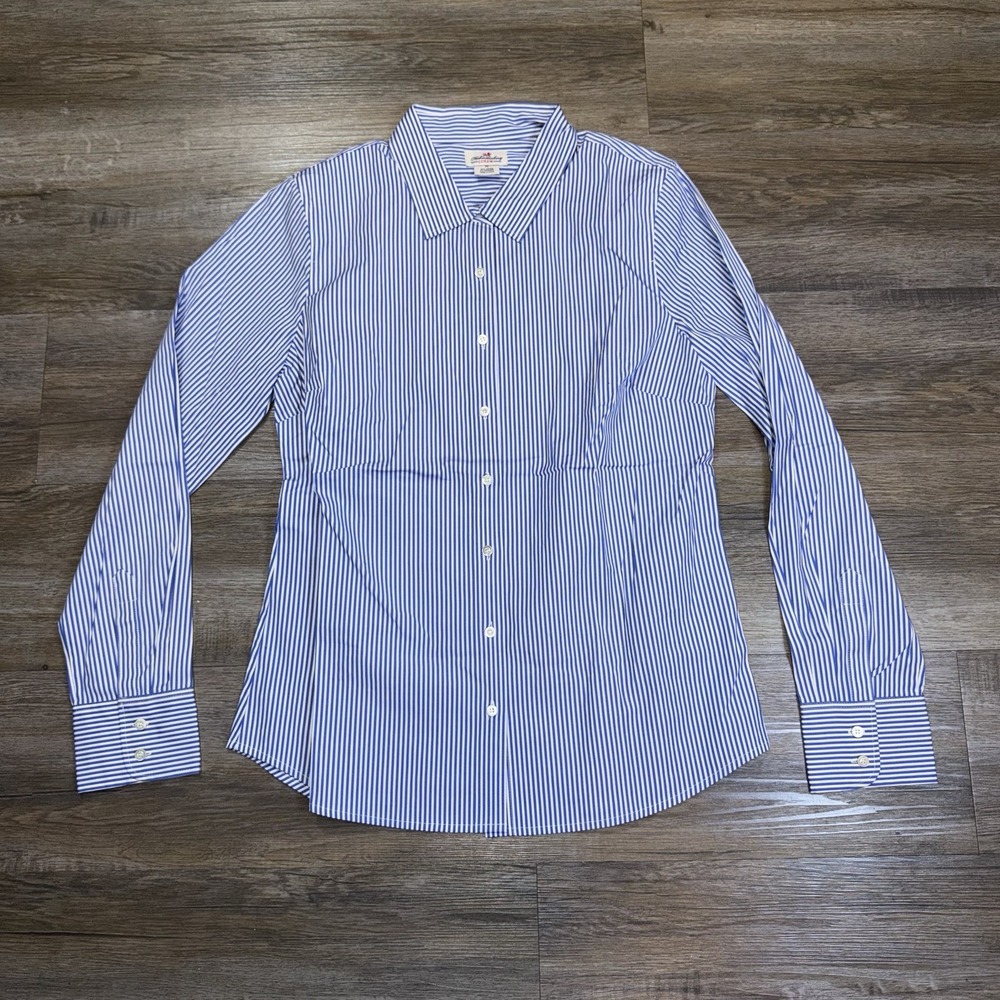 J. Crew Haberdashery Blue White Striped Stretch-Cotton Shirt Womens Medium